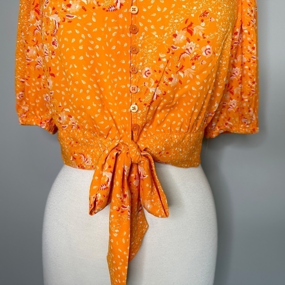 Joie Blouse Sz S Shirt Floral Orange Button Bow Tie Front Crop Cottagecore - Picture 3 of 11